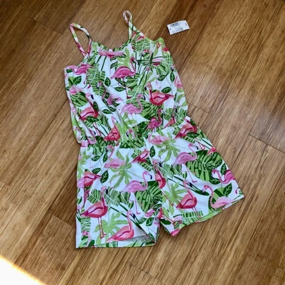 The Children's Place Large Pink Green Flamingo Romper NWT Soft cotton vacation‎